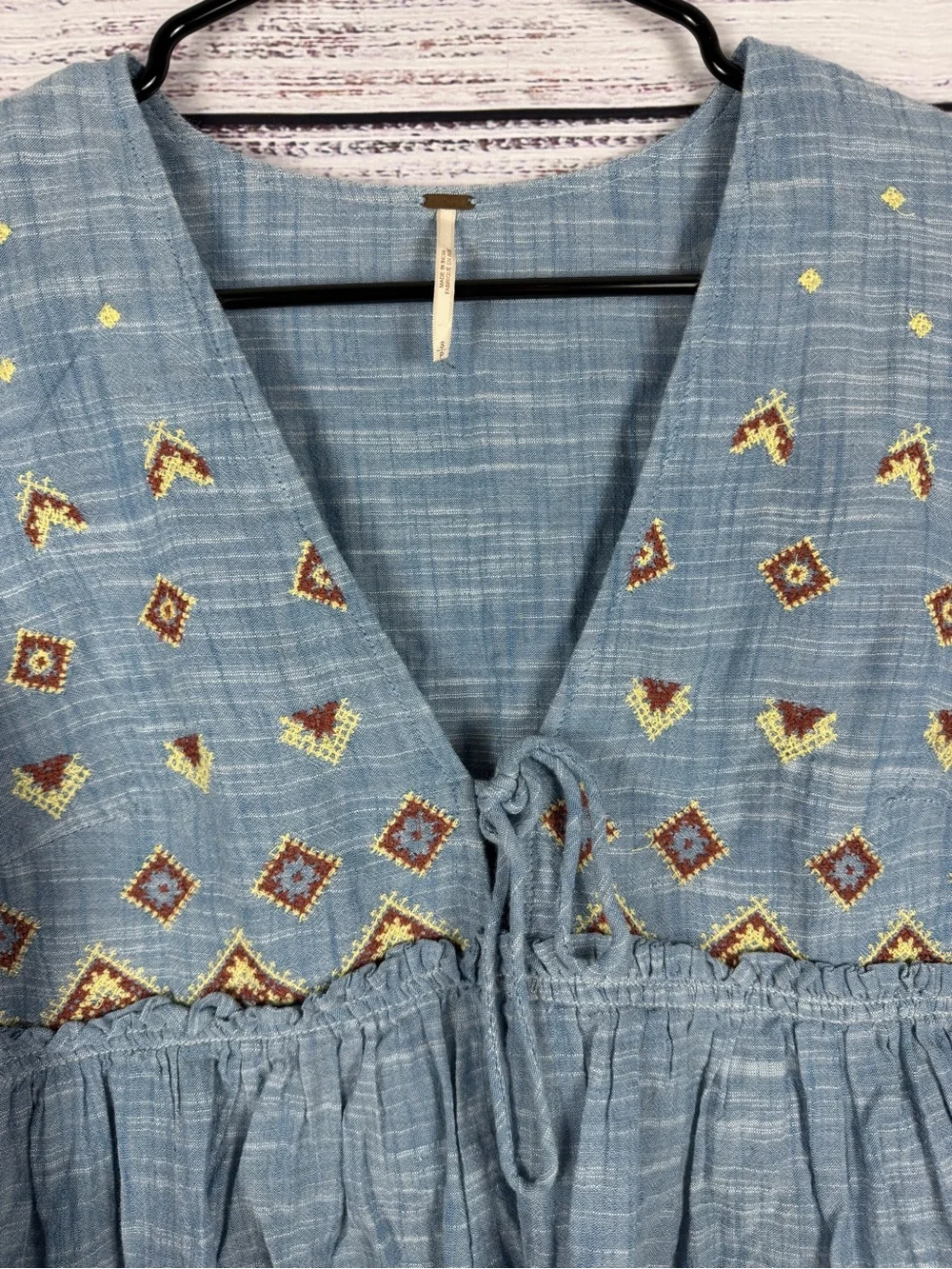Free People Embroidered Babydoll Top — Blue
